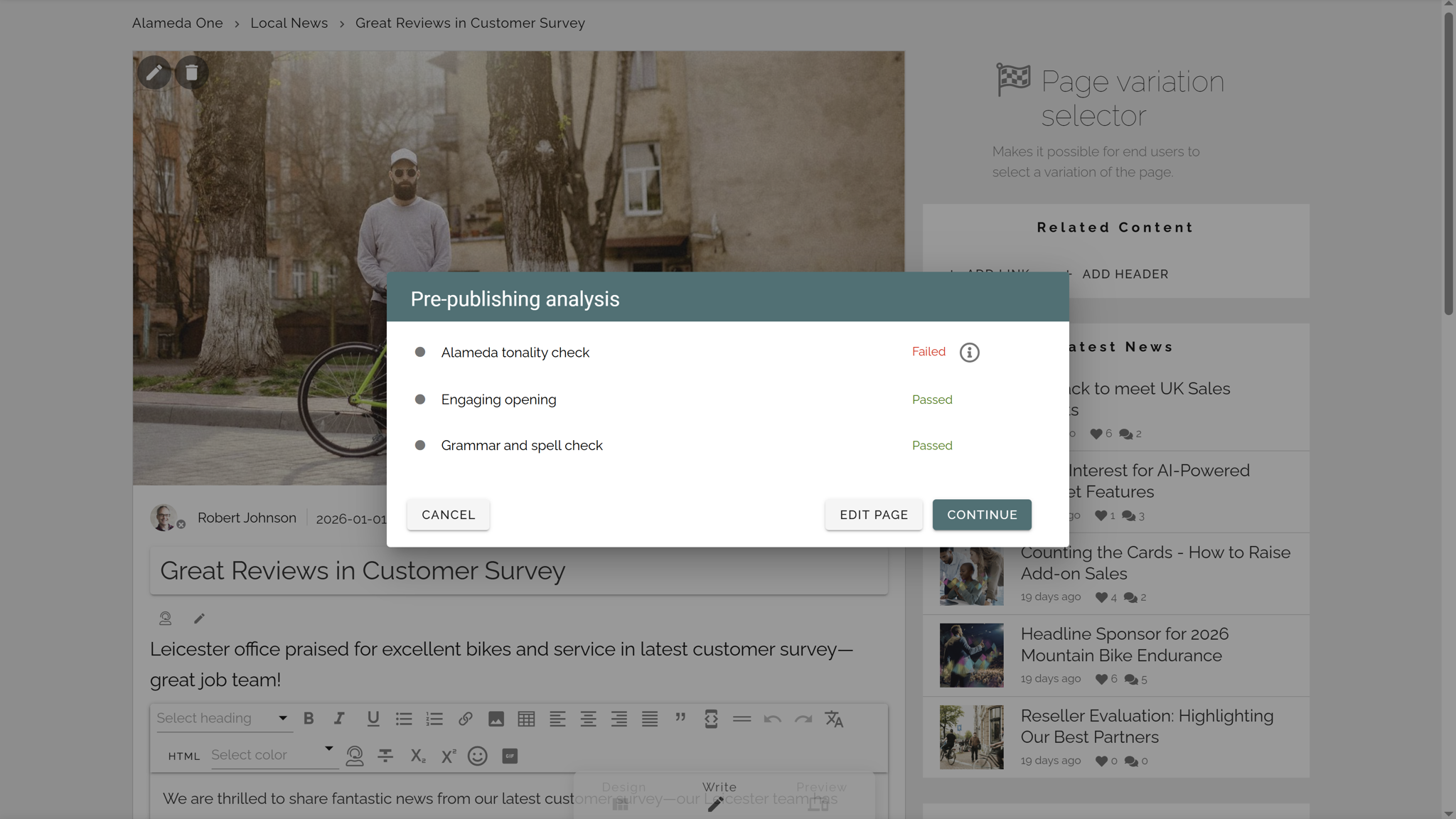 AI-driven content analysis in an intranet platform checking text quality, tone, and governance rules AI-driven content analysis in an intranet platform checking text quality, tone, and governance rules