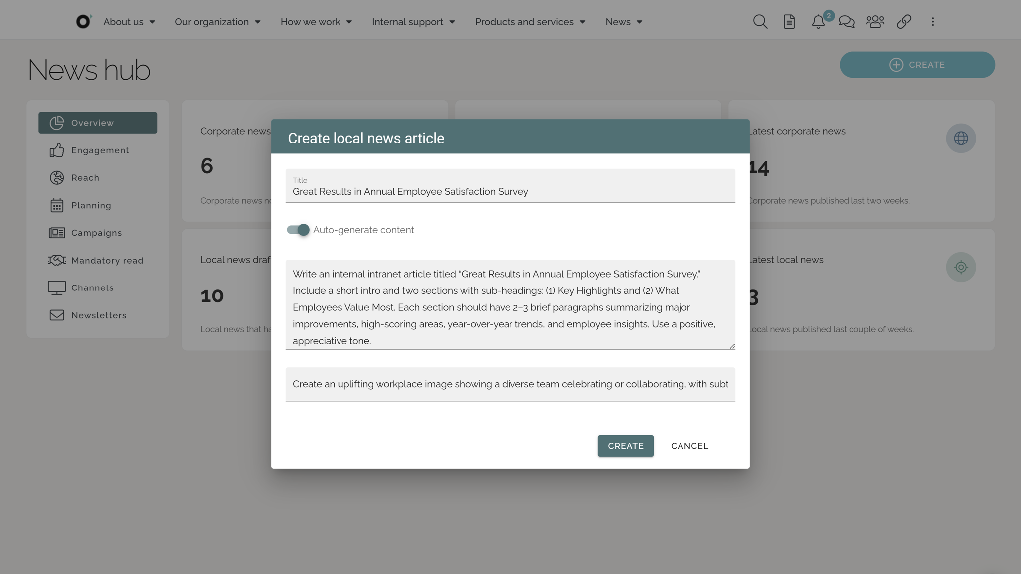 AI Intranet Content Management: Create a first draft of text and image of a new article using prompts designed for the purpose. AI Intranet Content Management: Create a first draft of text and image of a new article using prompts designed for the purpose.