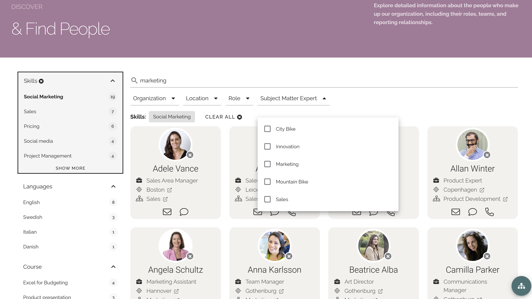 Intranet people search with filters for skills, roles, languages, and contact options. Intranet people search with filters for skills, roles, languages, and contact options.