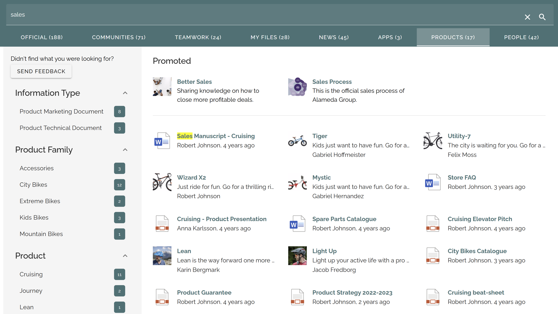 Search results page including promoted search results and option to provide search feedback. Search results page including promoted search results and option to provide search feedback.