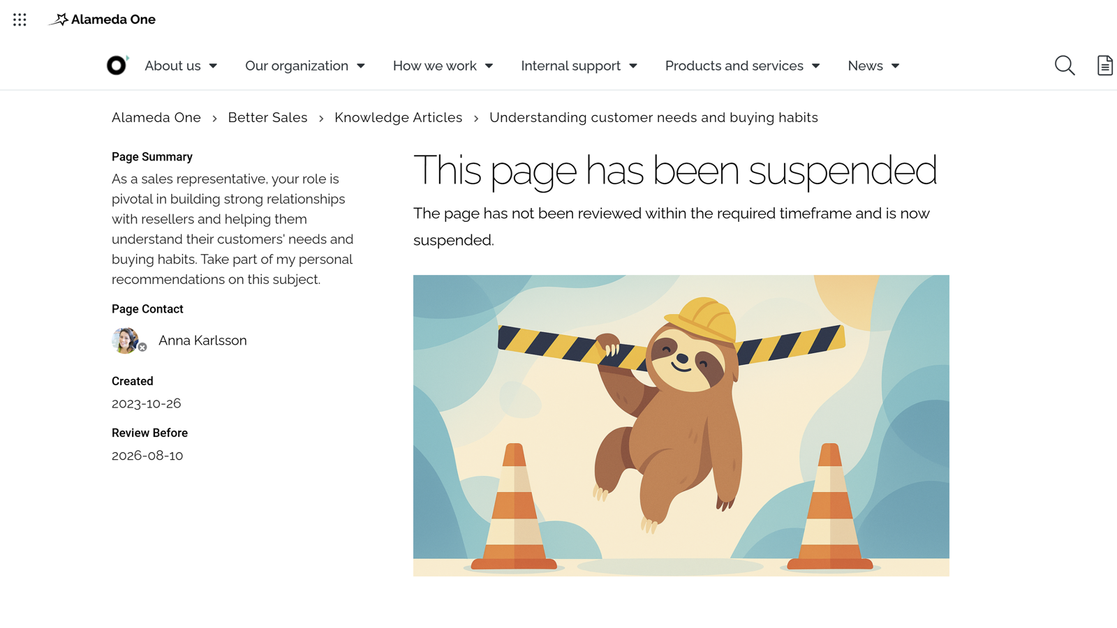 Intranet search and navigation example showing content governance with pages suspended after review date to improve intranet findability Intranet search and navigation example showing content governance with pages suspended after review date to improve intranet findability
