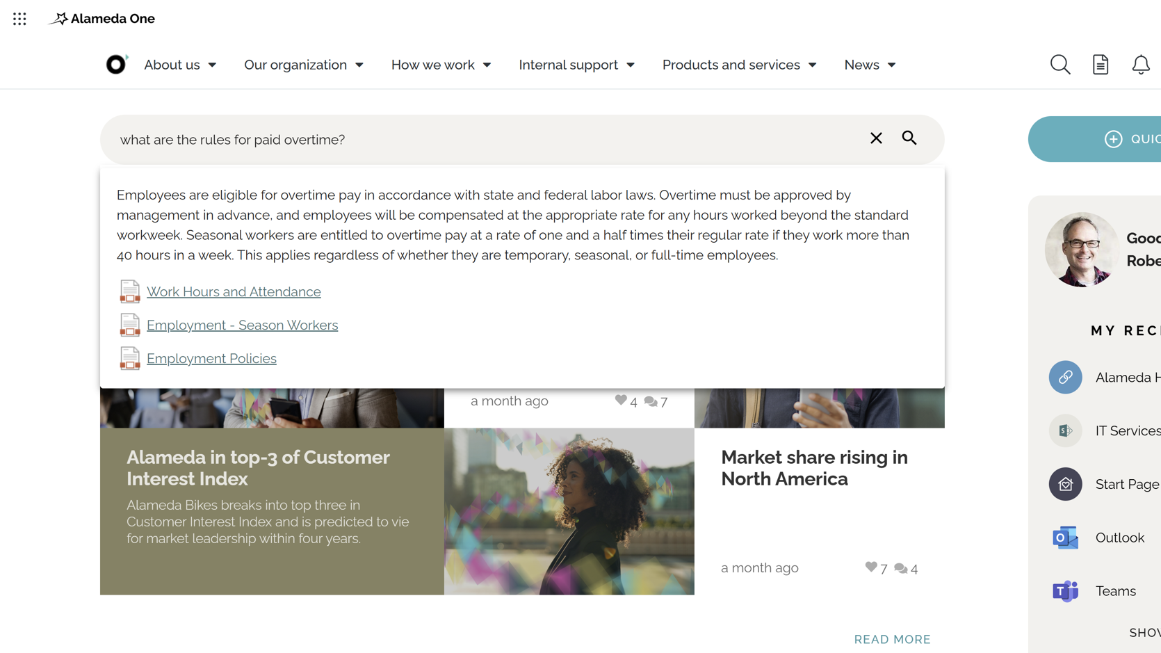 Intranet Design Example: Intranet start page featuring AI-driven semantic search for faster, smarter information retrieval. Intranet Design Example: Intranet start page featuring AI-driven semantic search for faster, smarter information retrieval.