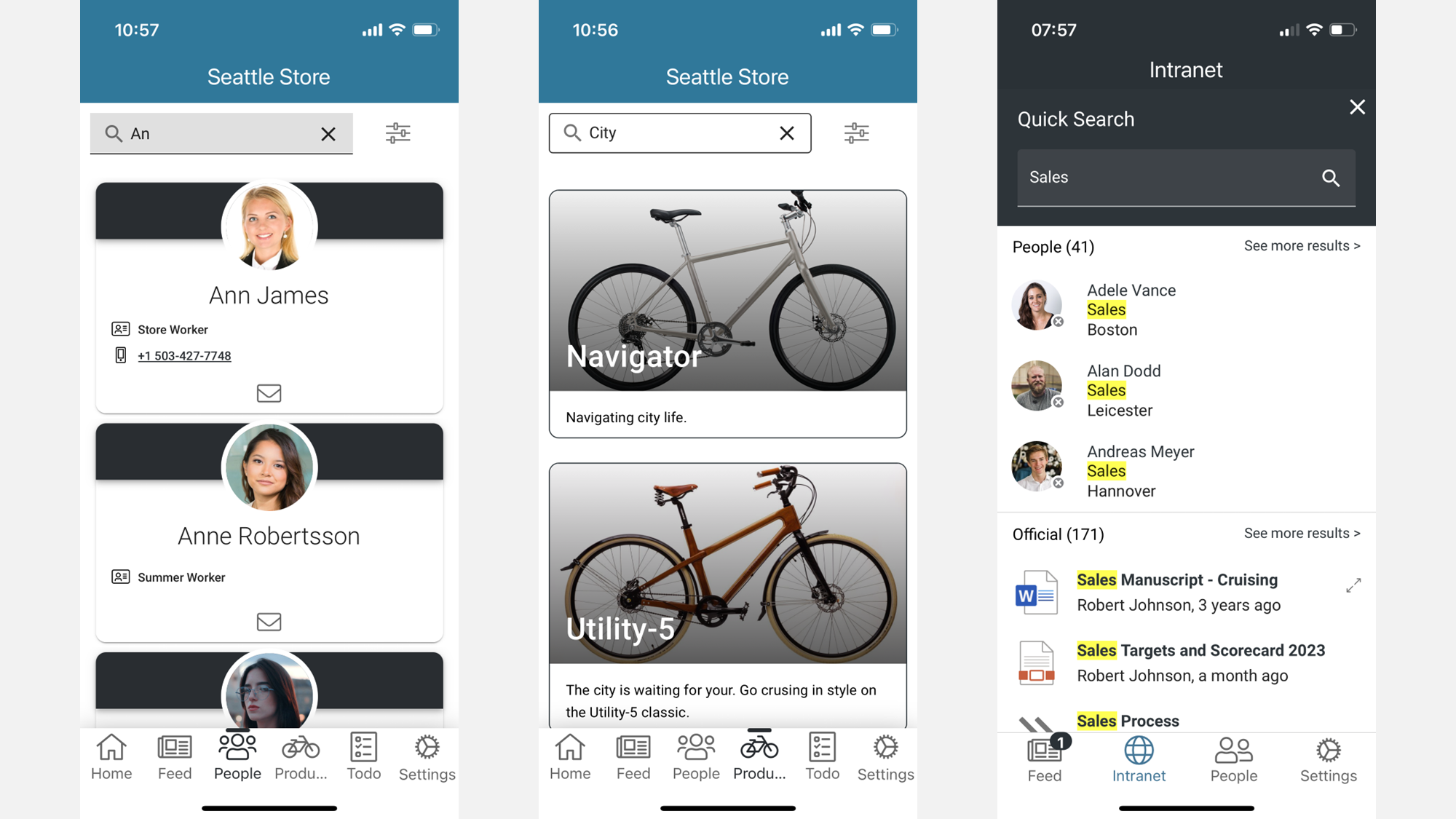 Mobile intranet example: Search experience in mobile app, including scoped people search and product search. Mobile intranet example: Search experience in mobile app, including scoped people search and product search.