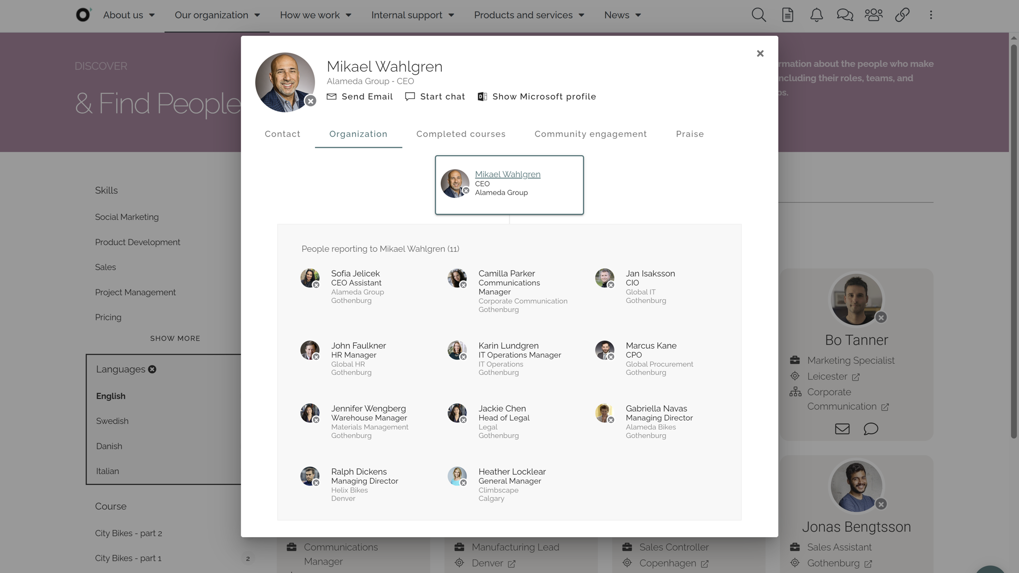 Leadership development intranet showing competence-based people search highlighting leadership skills and experience Leadership development intranet showing competence-based people search highlighting leadership skills and experience