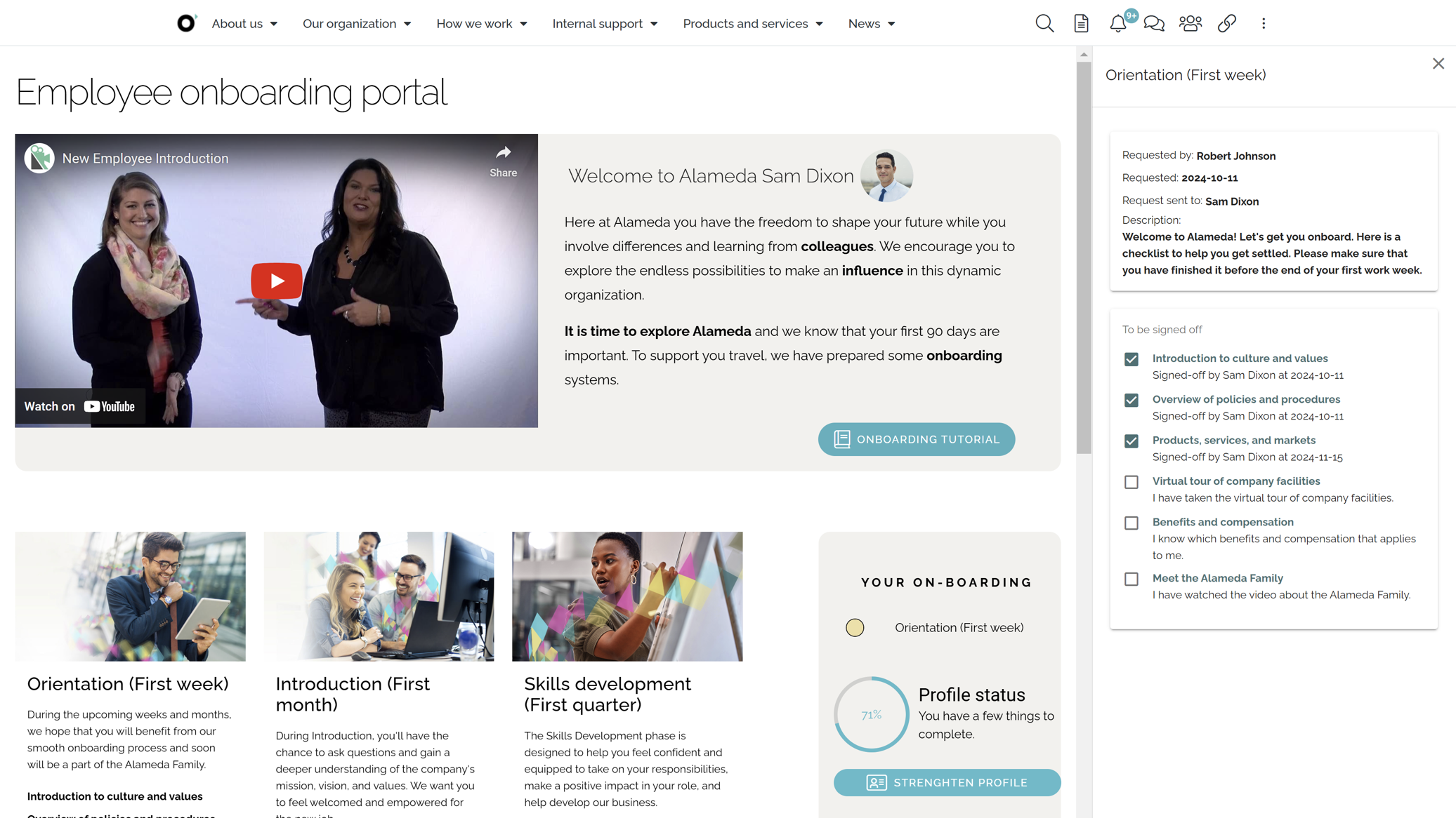 Intranet onboarding portal showing a week-by-week schedule for new employees with tasks, documents, and training modules. Intranet onboarding portal showing a week-by-week schedule for new employees with tasks, documents, and training modules.