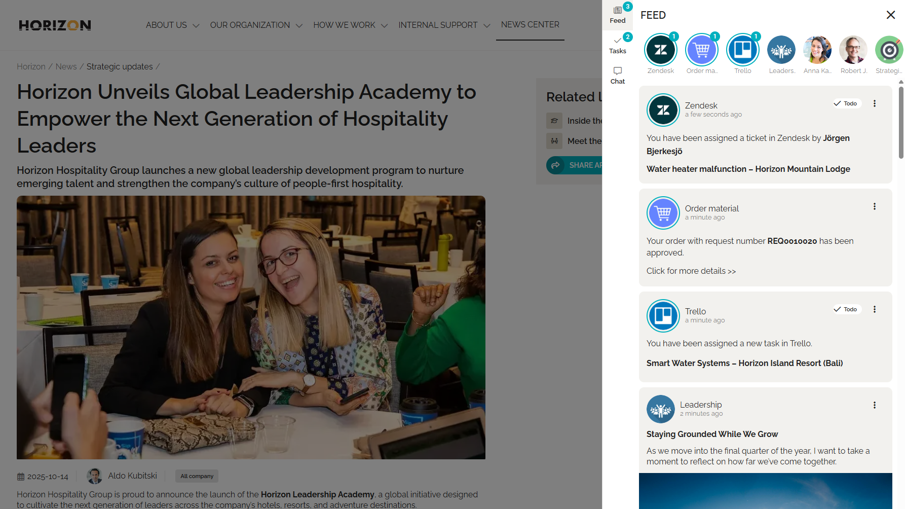 Personalised intranet feed delivering employee notifications, updates, and tasks to support daily work experience. Personalised intranet feed delivering employee notifications, updates, and tasks to support daily work experience.