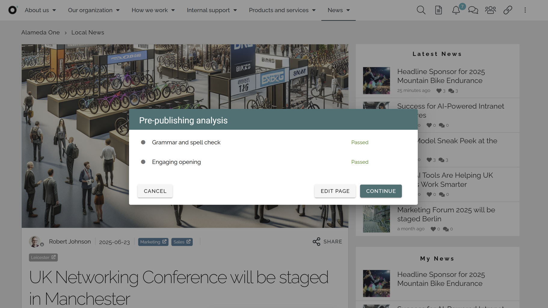 AI features in intranet performing automated quality checks for spelling, tone, metadata, and compliance. AI features in intranet performing automated quality checks for spelling, tone, metadata, and compliance.