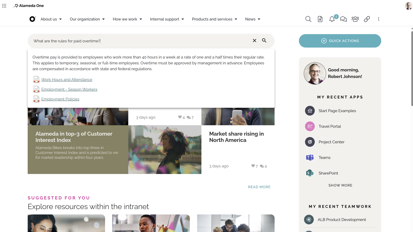 Intranet semantic search results answering a user question with source attribution to improve employee experience. Intranet semantic search results answering a user question with source attribution to improve employee experience.