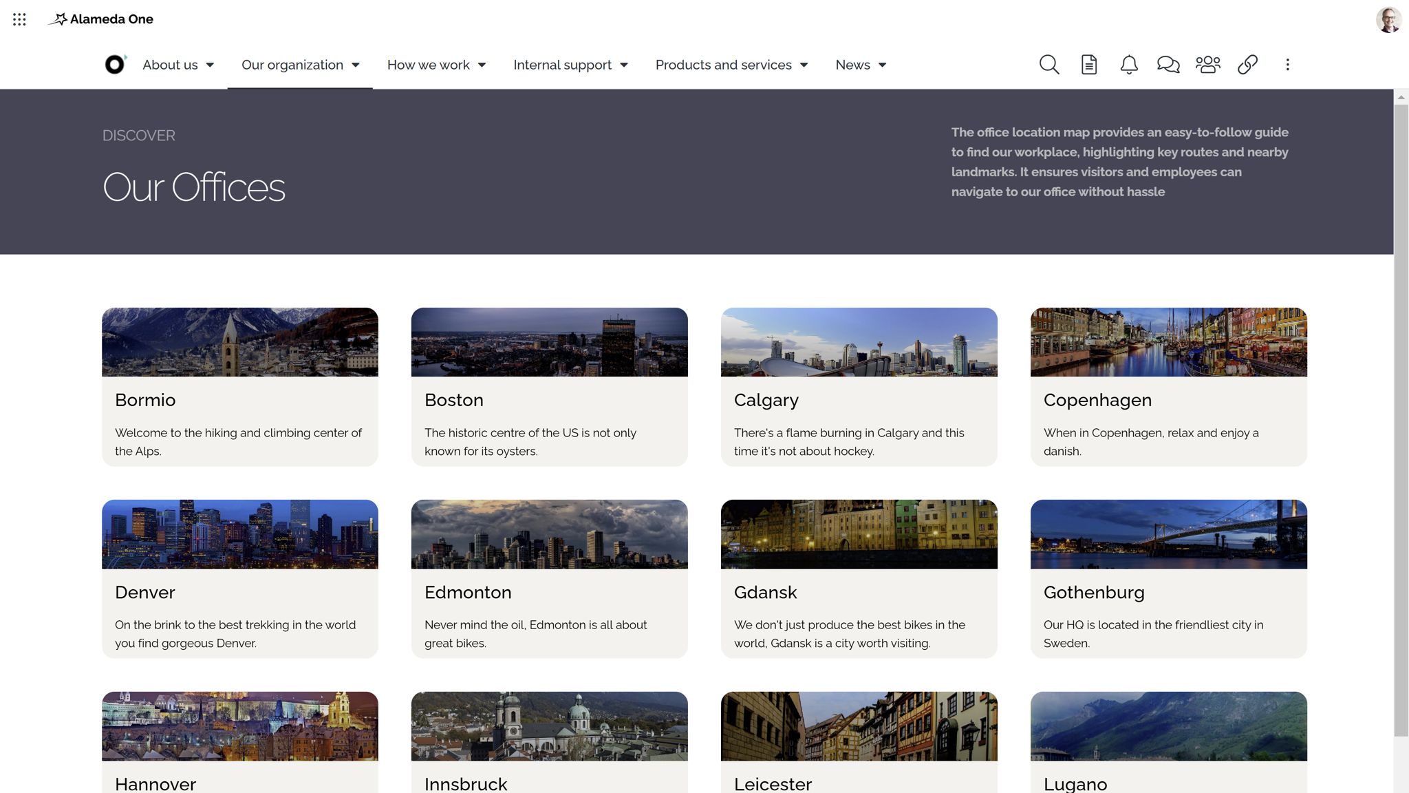 Landing page navigation shown as an intranet navigation example, providing structured access to office locations across the organization. Landing page navigation shown as an intranet navigation example, providing structured access to office locations across the organization.