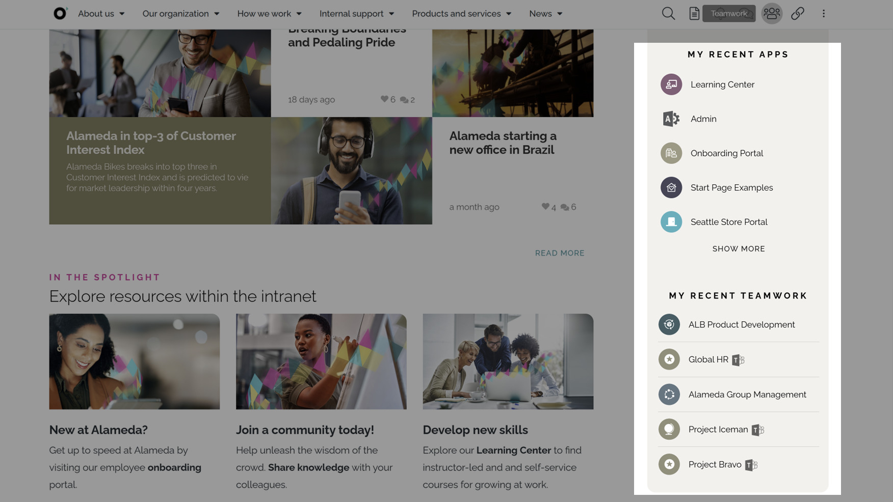 Personalized start page section shown as one of the intranet navigation examples, highlighting recently used apps and teamwork areas. Personalized start page section shown as one of the intranet navigation examples, highlighting recently used apps and teamwork areas.