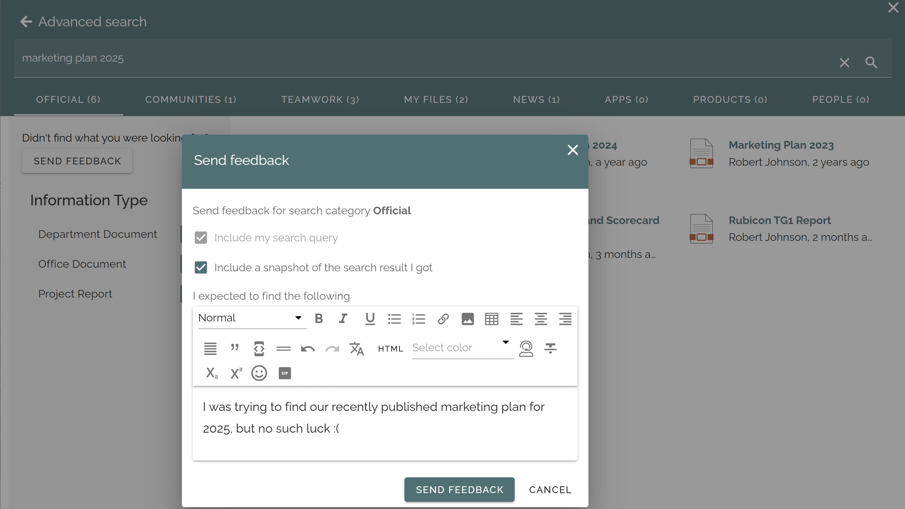 Screenshot of intranet search result page with embedded feedback option for users to rate result relevance and usability. Screenshot of intranet search result page with embedded feedback option for users to rate result relevance and usability.