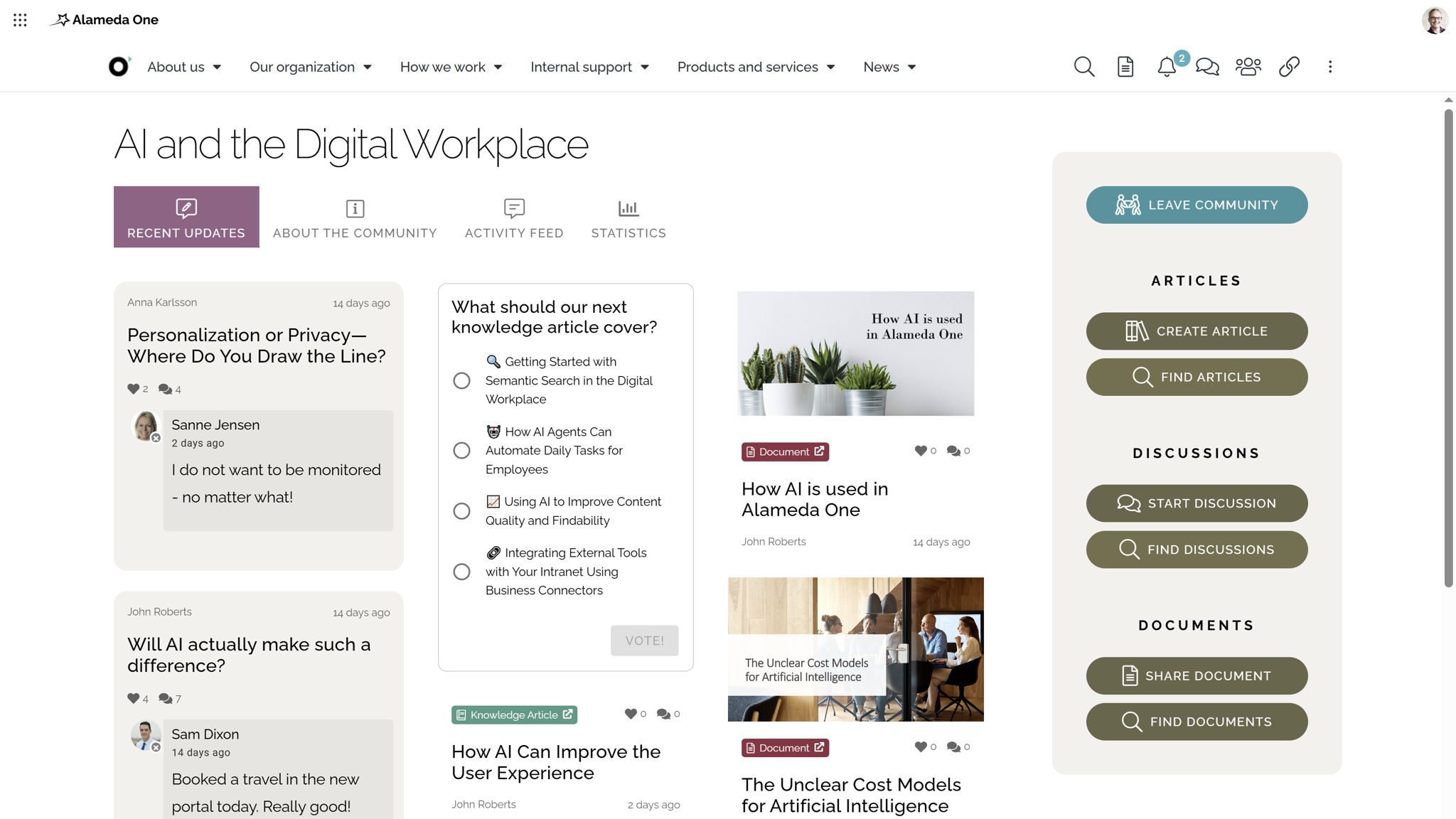 Intranet community page with interactive poll asking users to vote on the topic for the next shared knowledge article. Intranet community page with interactive poll asking users to vote on the topic for the next shared knowledge article.