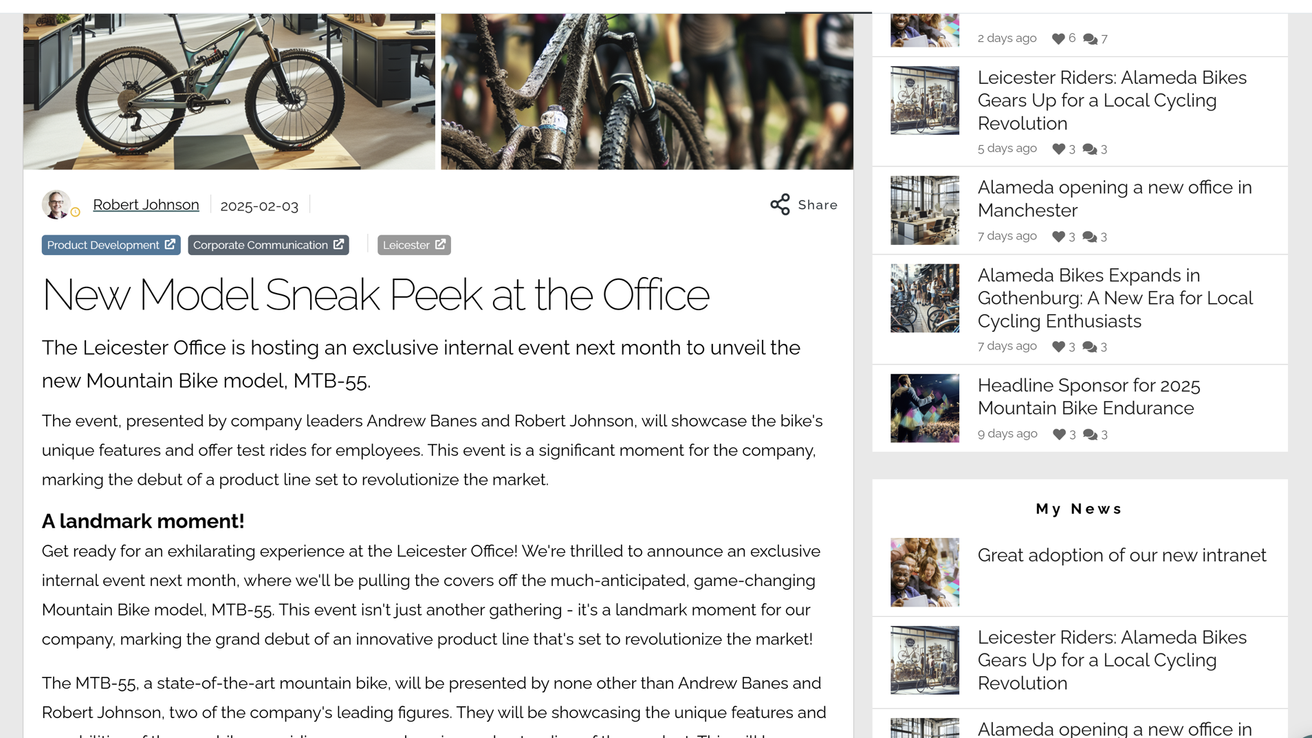 Intranet design best practice example showing a local news article with related and personalized news feeds. Intranet design best practice example showing a local news article with related and personalized news feeds.