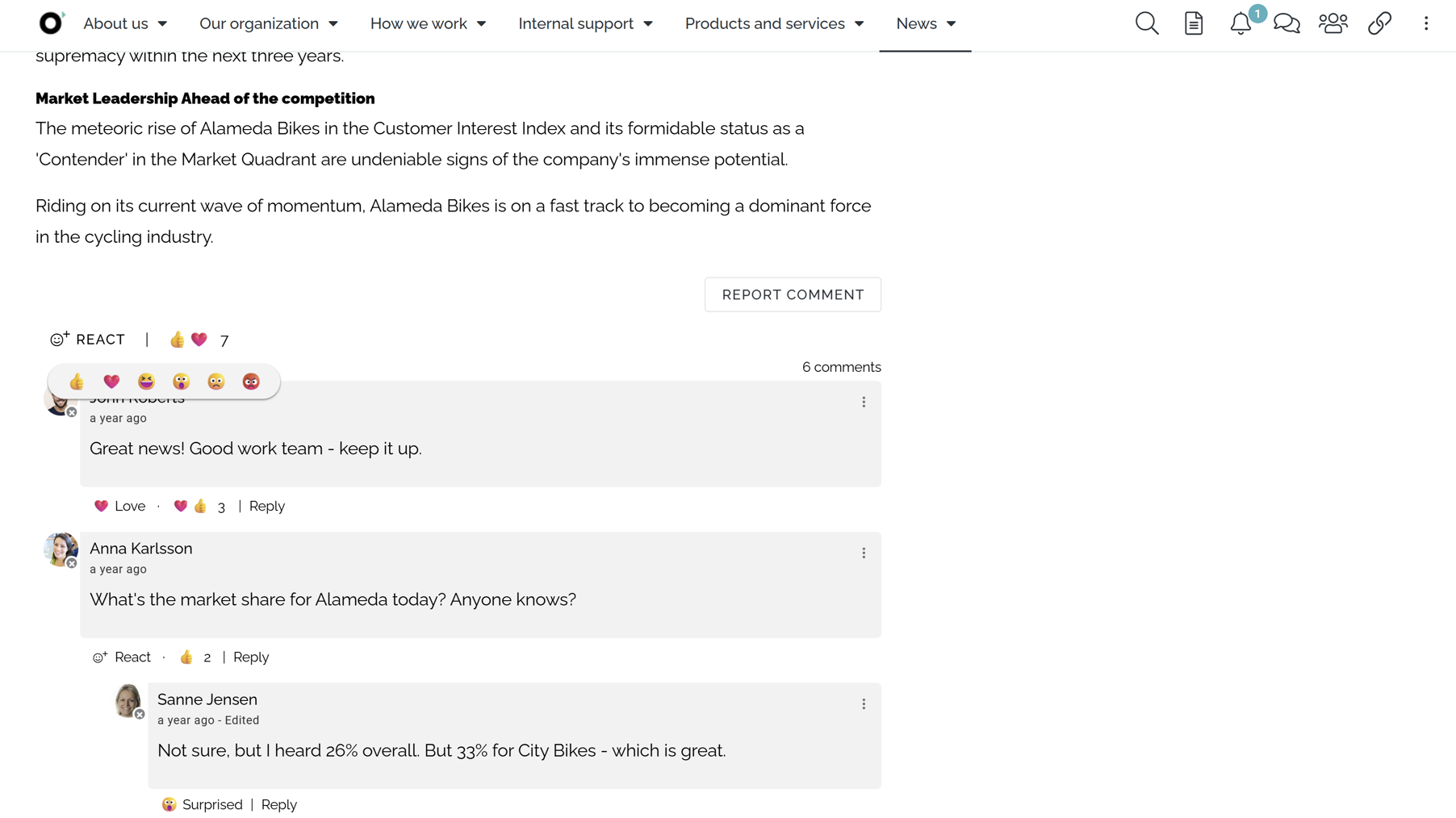 Employee engagement on a modern intranet showing rich social reactions and comments on internal news content. Employee engagement on a modern intranet showing rich social reactions and comments on internal news content.