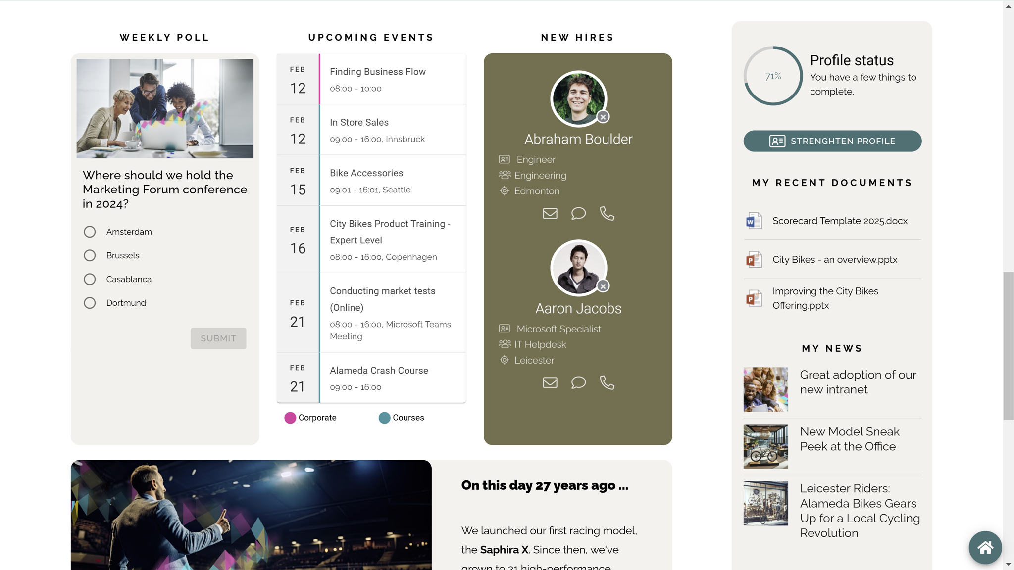 Intranet homepage design using visual hierarchy principles such as contrast, spacing, and prioritized announcements. Intranet homepage design using visual hierarchy principles such as contrast, spacing, and prioritized announcements.
