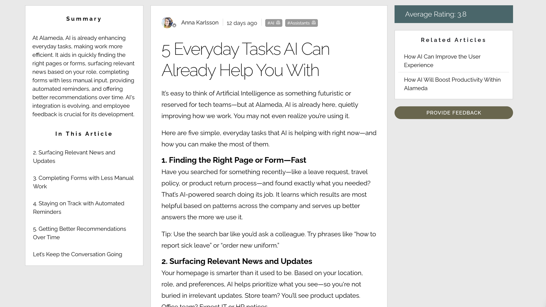 Intranet community article view featuring AI summary, user ratings, related content links, and feedback options. Intranet community article view featuring AI summary, user ratings, related content links, and feedback options.