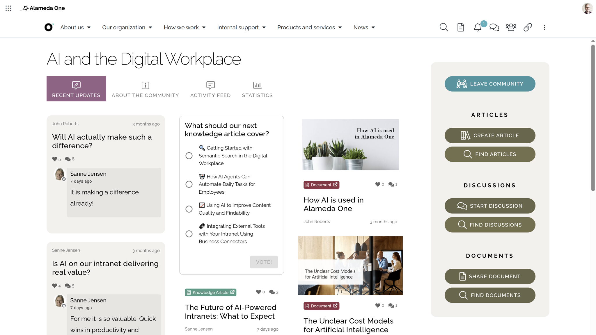 Intranet website feature example with community discussions, blog posts, and shared documents. Intranet website feature example with community discussions, blog posts, and shared documents.