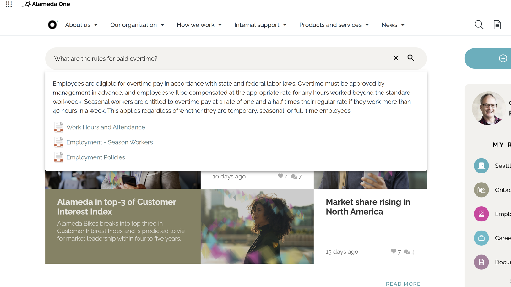 AI-powered semantic search experience with natuaral language questions and answers on intranet start page. AI-powered semantic search experience with natuaral language questions and answers on intranet start page.