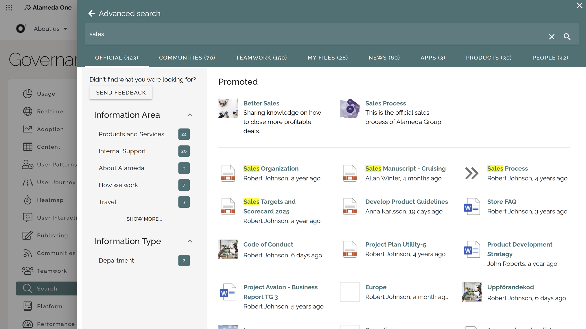 Intranet search results page with promoted results, filters, and feedback button. Intranet search results page with promoted results, filters, and feedback button.
