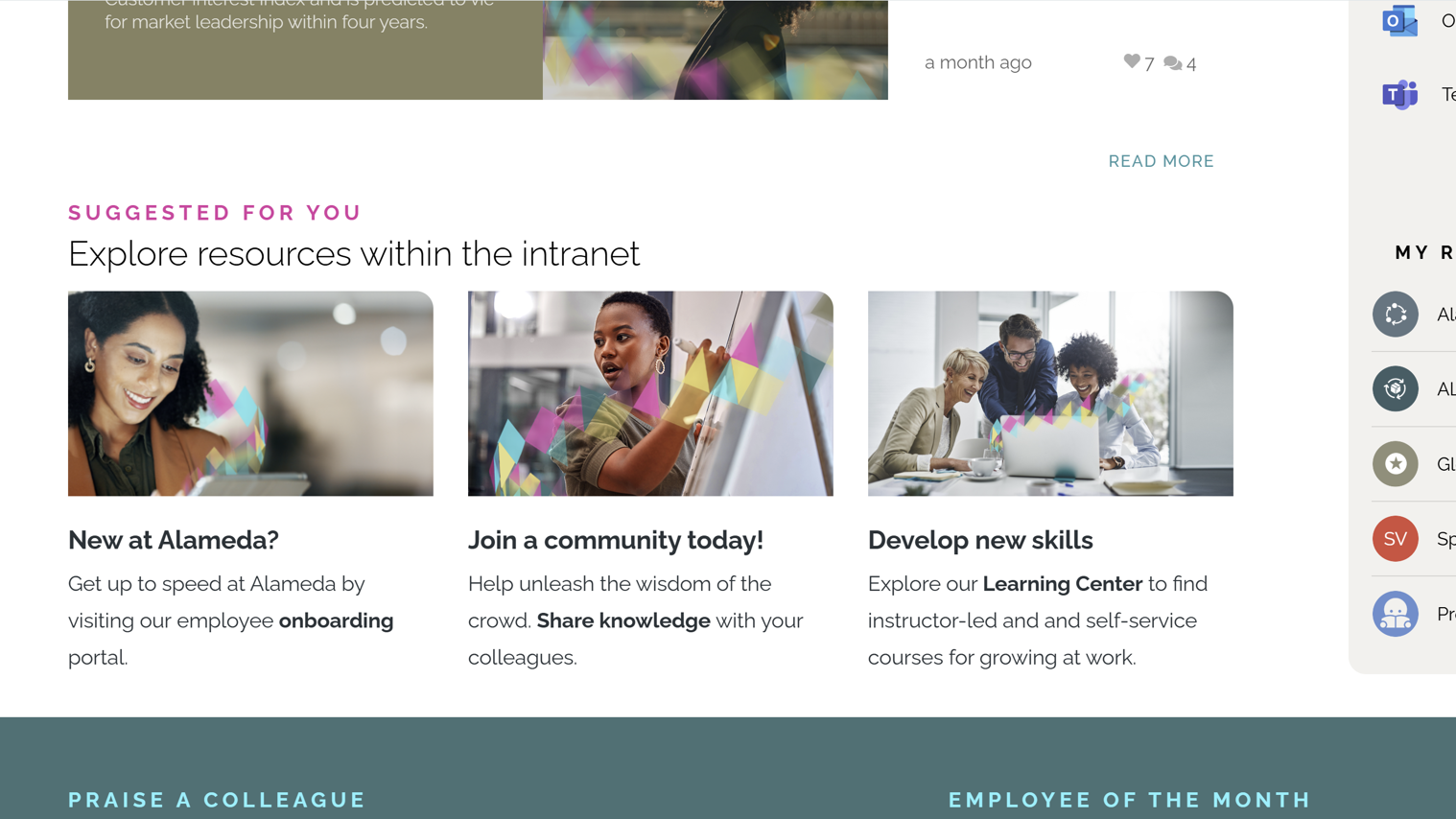 Intranet Design Example: Intranet start page highlighting AI-personalized content suggestions for each employee. Intranet Design Example: Intranet start page highlighting AI-personalized content suggestions for each employee.