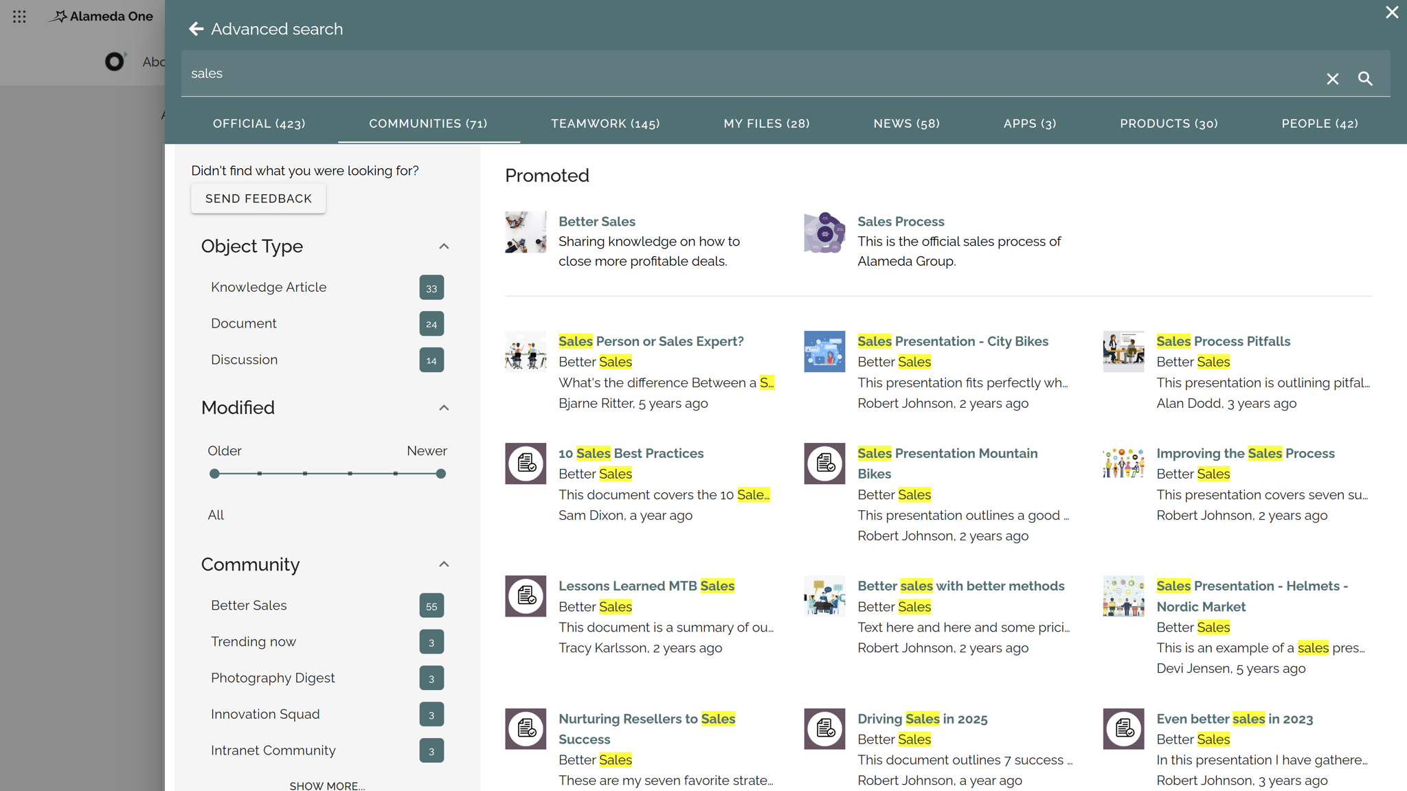 Intranet search and navigation example showing advanced intranet search with category-based filters and customized refiners Intranet search and navigation example showing advanced intranet search with category-based filters and customized refiners