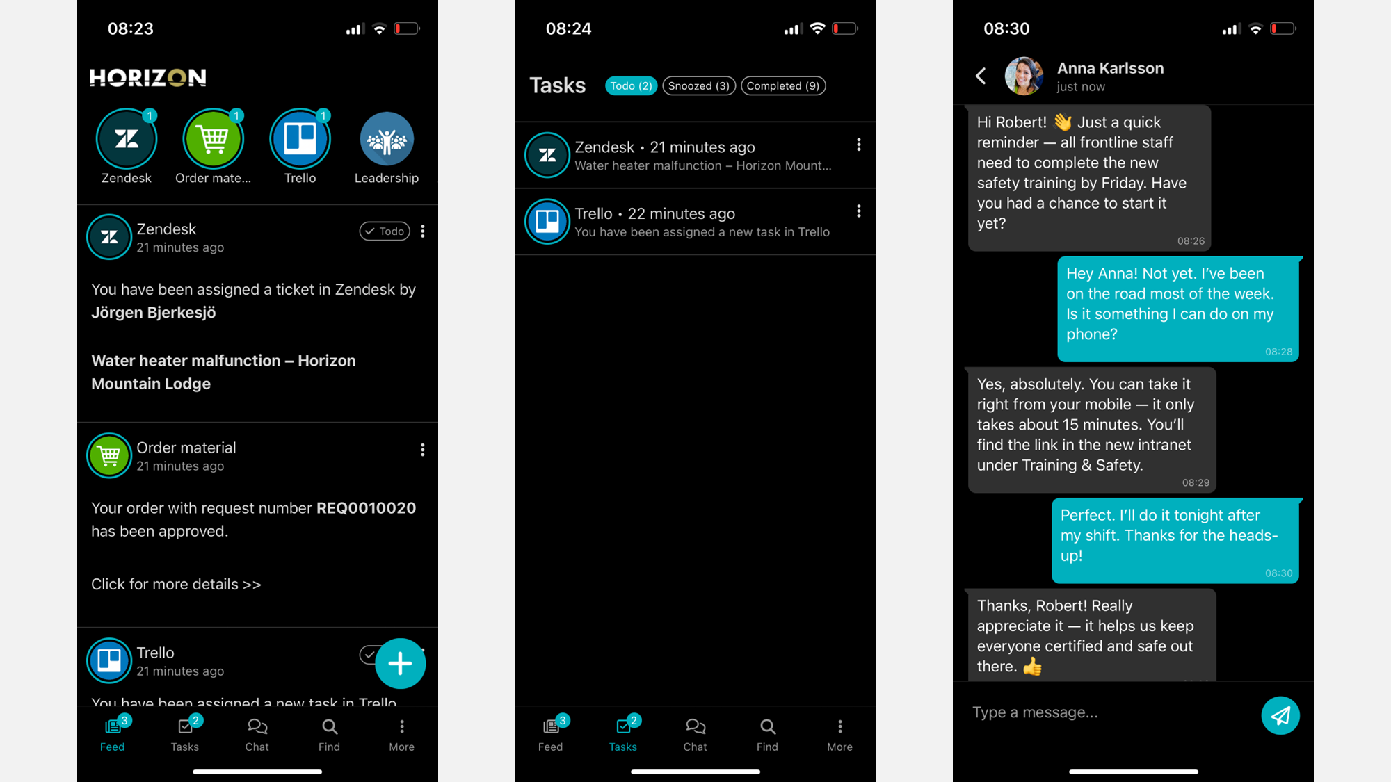 Frontline intranet mobile app showing personalized content, task assignments, and peer-to-peer chat. Frontline intranet mobile app showing personalized content, task assignments, and peer-to-peer chat.