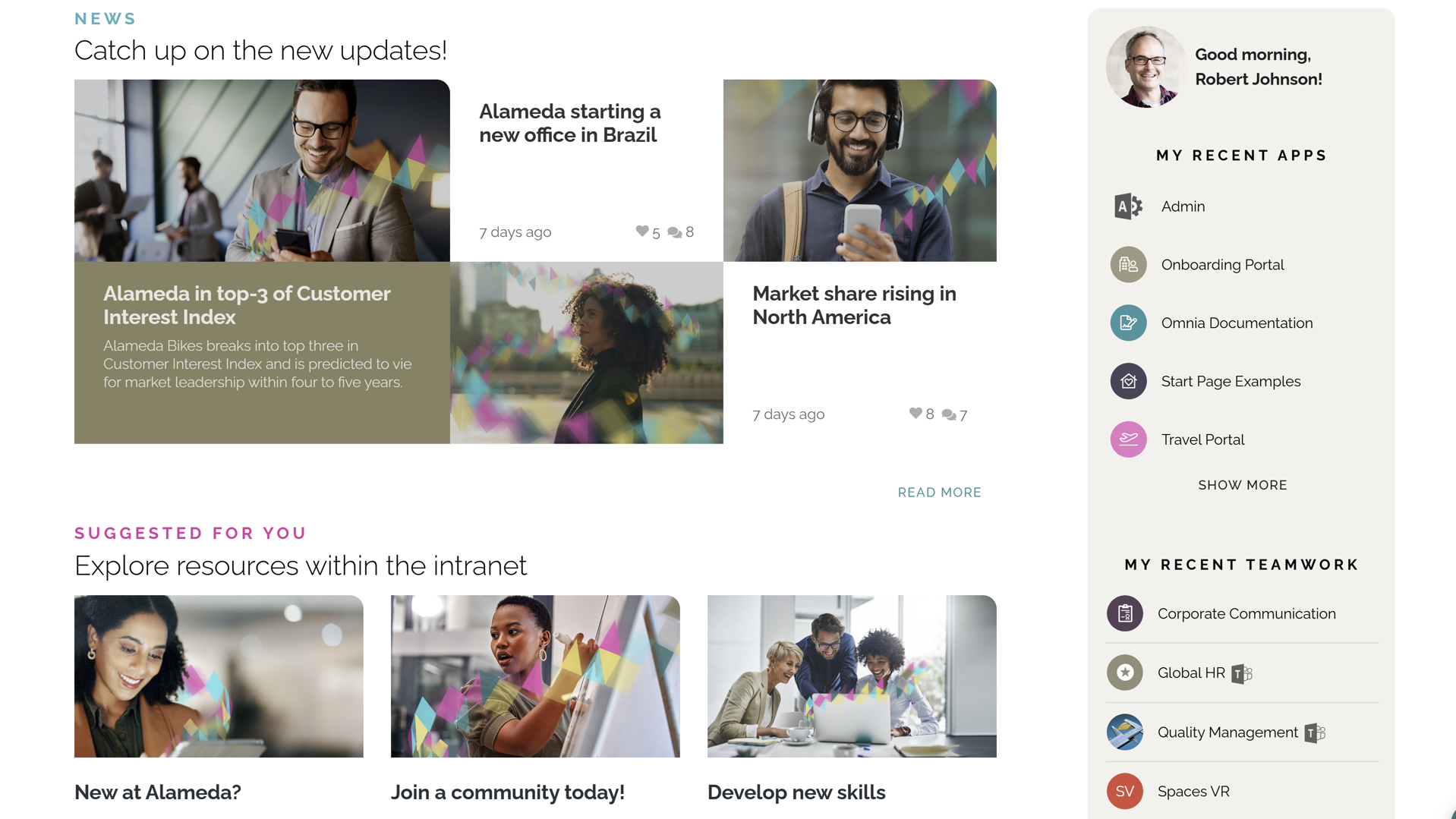 Intranet Homepage Example: Intranet homepage design with corporate news and personalized suggested resources. Intranet Homepage Example: Intranet homepage design with corporate news and personalized suggested resources.