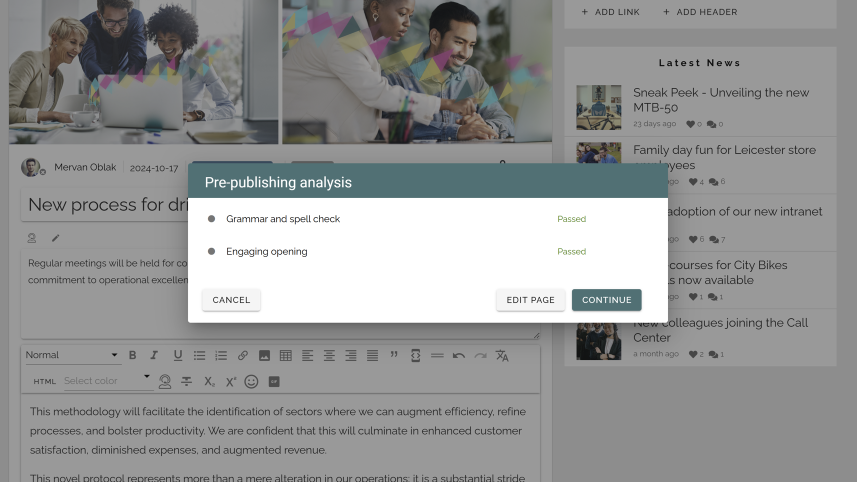Company Intranet Example: AI assistant reviewing intranet content draft with optimization tips for clarity and consistency. Company Intranet Example: AI assistant reviewing intranet content draft with optimization tips for clarity and consistency.