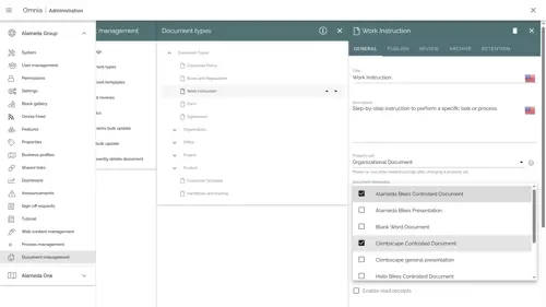 Work instruction document type setup showing metadata and template options in a Microsoft 365 intranet.