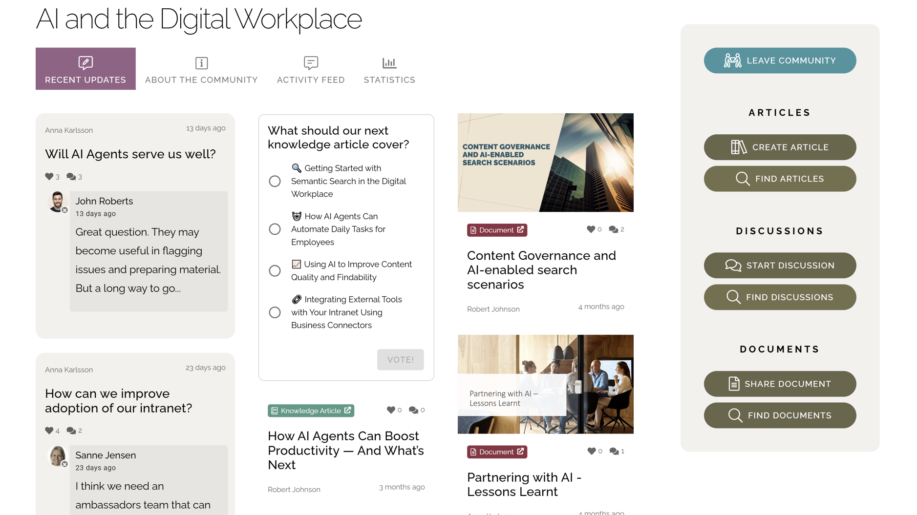 Intranet community homepage with knowledge sharing discussions, articles, shared documents, and employee engagement poll. Intranet community homepage with knowledge sharing discussions, articles, shared documents, and employee engagement poll.
