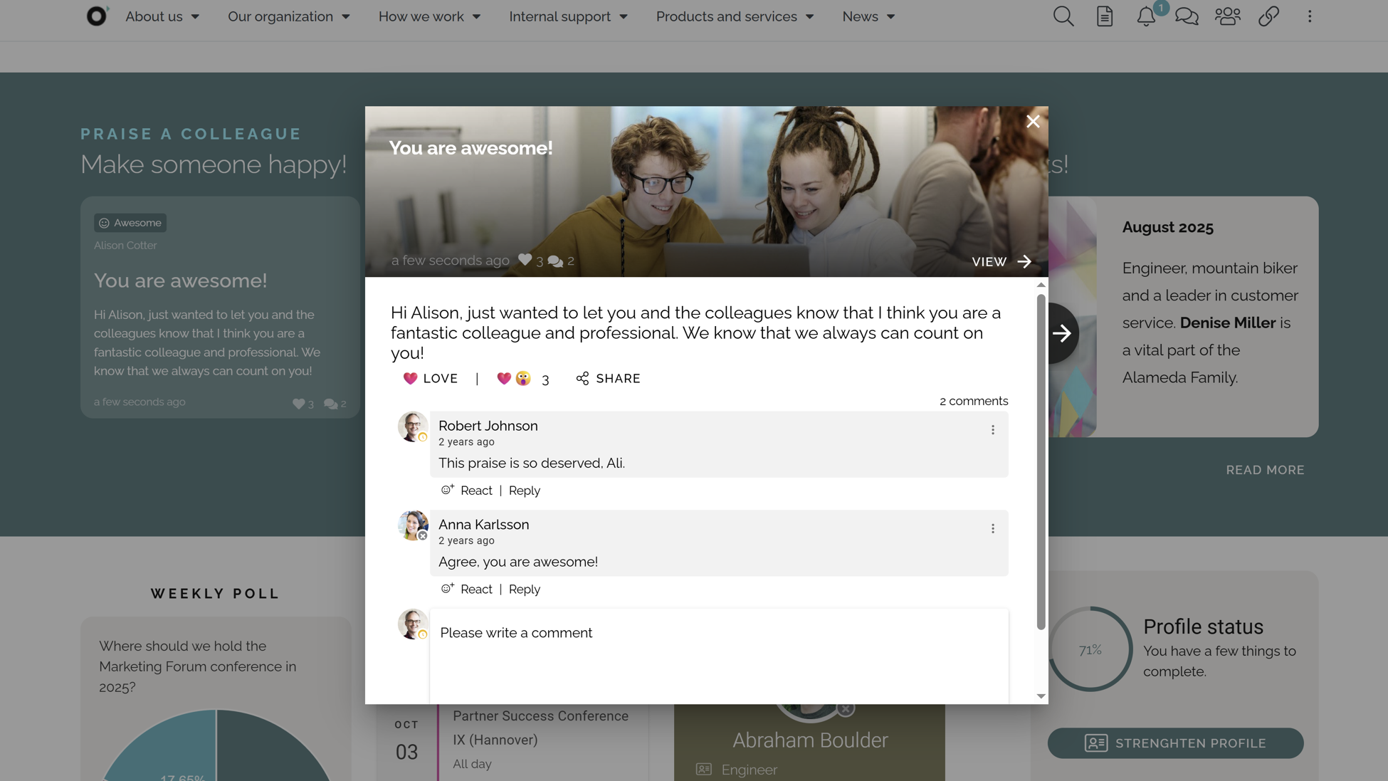 Employee recognition feed in a Microsoft 365 intranet with peer shout-outs and team highlights. Employee recognition feed in a Microsoft 365 intranet with peer shout-outs and team highlights.
