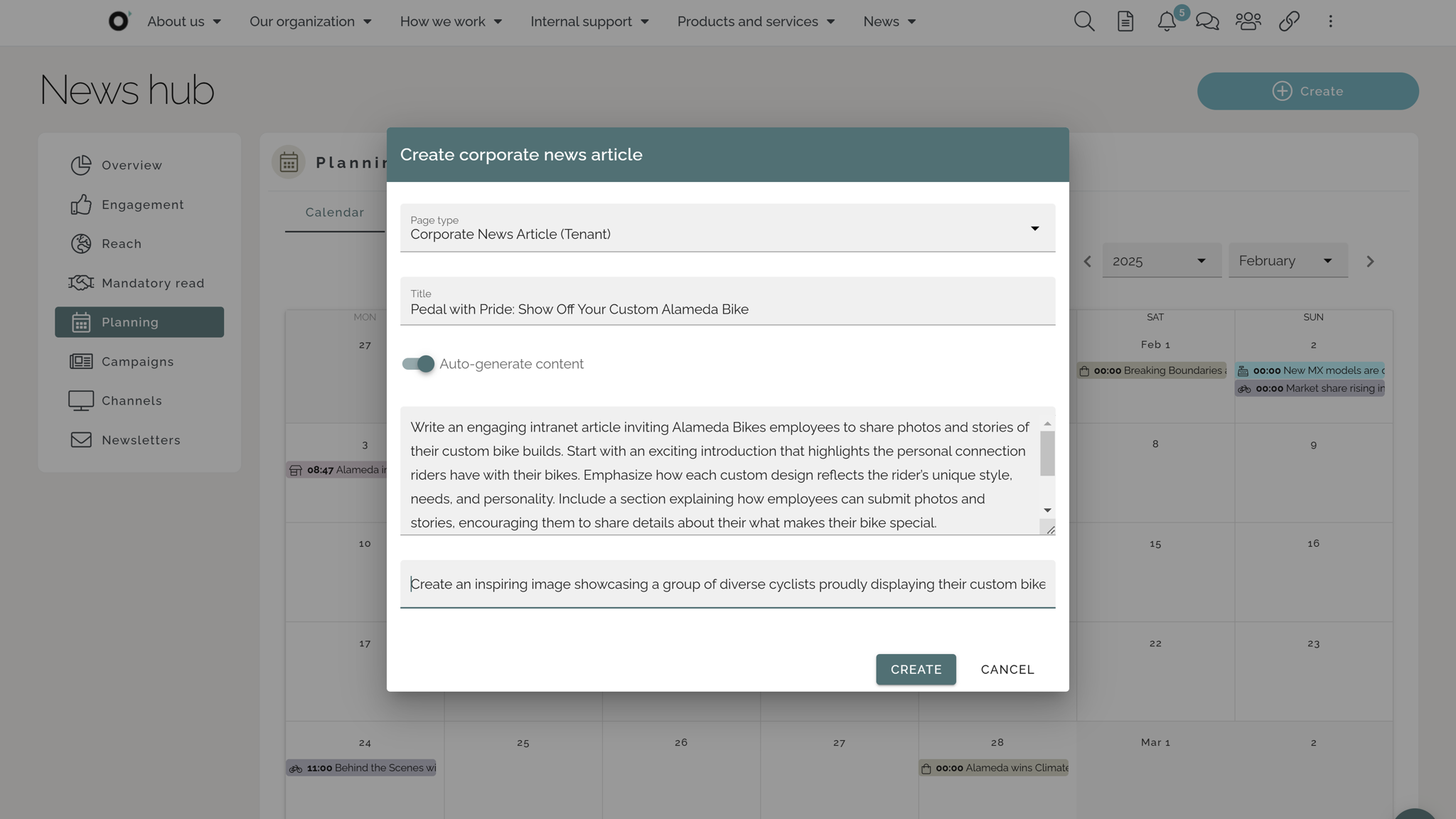 Intranet CMS Example: AI-assisted creation of an intranet news article with automated content suggestions. Intranet CMS Example: AI-assisted creation of an intranet news article with automated content suggestions.