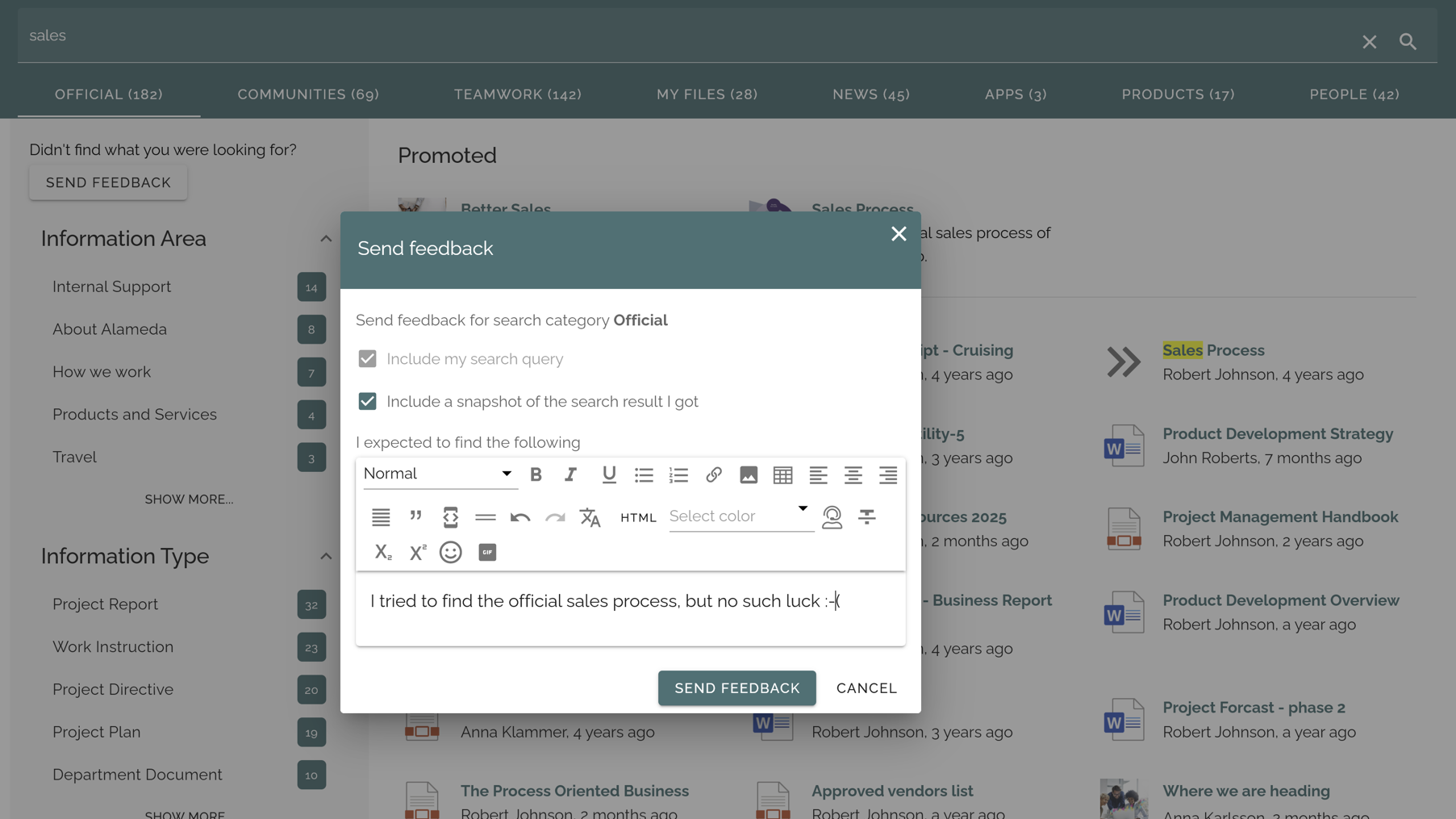 Intranet search results page with a feedback form allowing users to comment on search quality. Intranet search results page with a feedback form allowing users to comment on search quality.