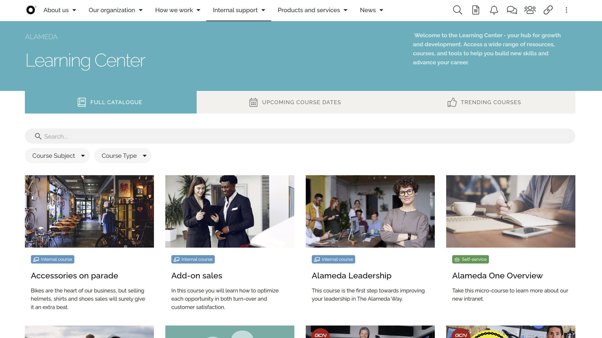 Tab-based learning center displayed as one of the intranet navigation examples, enabling users to browse courses, calendars, and trending content. Tab-based learning center displayed as one of the intranet navigation examples, enabling users to browse courses, calendars, and trending content.