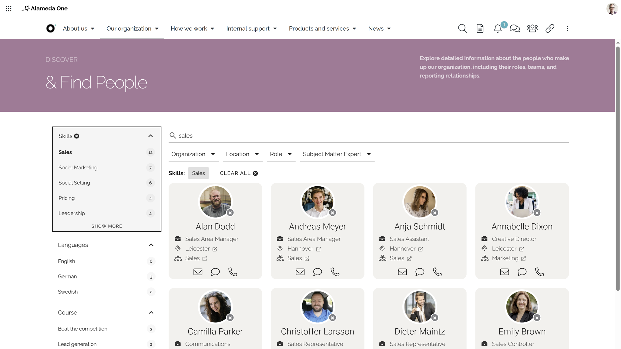 Intranet website feature showing people search with filters to find colleagues by department, role, or skills. Intranet website feature showing people search with filters to find colleagues by department, role, or skills.