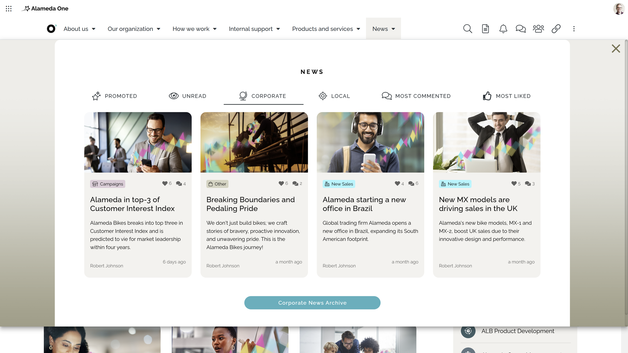 Tabbed mega menu used as one of the intranet navigation examples, enabling structured navigation between news categories and archives. Tabbed mega menu used as one of the intranet navigation examples, enabling structured navigation between news categories and archives.