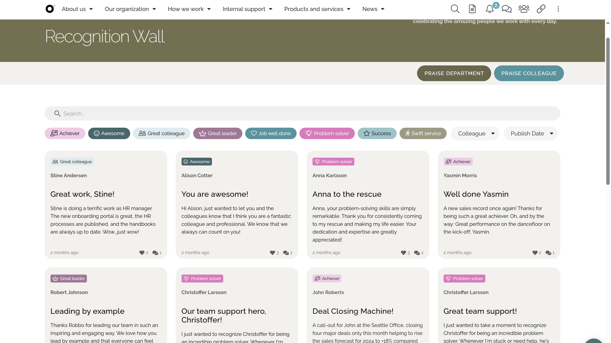 HR intranet platform showcasing peer praise and public appreciation HR intranet platform showcasing peer praise and public appreciation