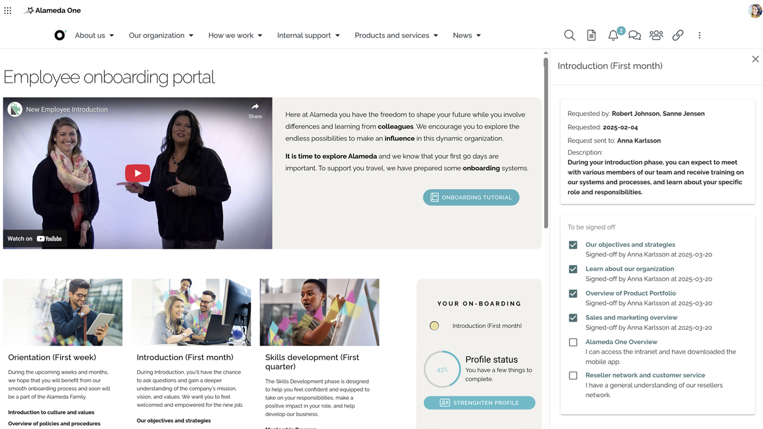 Employee intranet onboarding portal showing structured checklist and welcome resources. Employee intranet onboarding portal showing structured checklist and welcome resources.