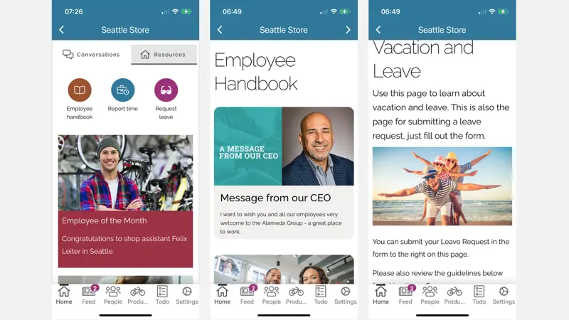 Frontline worker using the mobile intranet app to submit a leave request through the country-specific Employee Handbook.