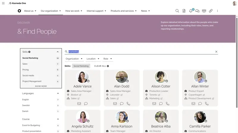 Example of corporate intranet solution search interface with filters for skills, departments, and locations.