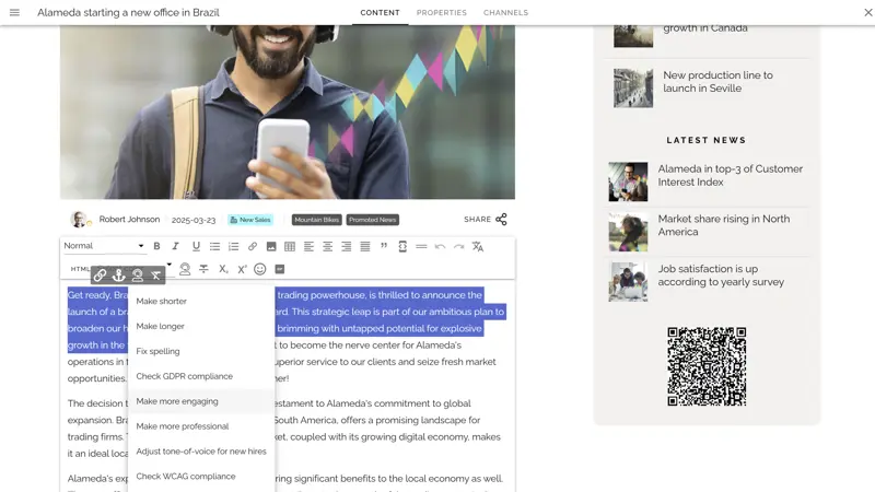 Intranet communication example of an editor using AI tools to refine and personalize internal news content.