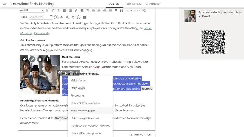 Corporate intranet software example showing AI assistant features for content generation and translation.