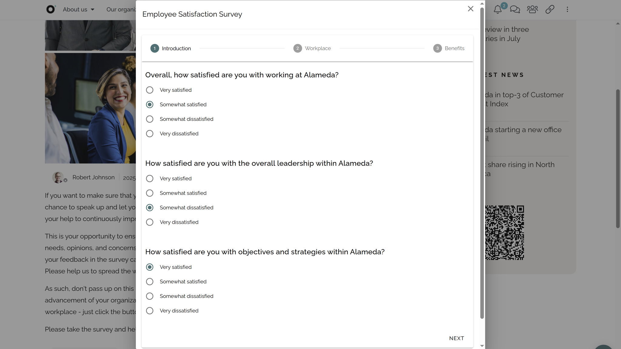 Employee intranet feedback module with survey results and suggestion submission options. Employee intranet feedback module with survey results and suggestion submission options.