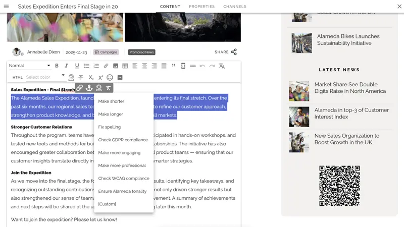 Alt text: Intranet communication idea featuring AI-powered text editing and prompts for improving intranet news articles.