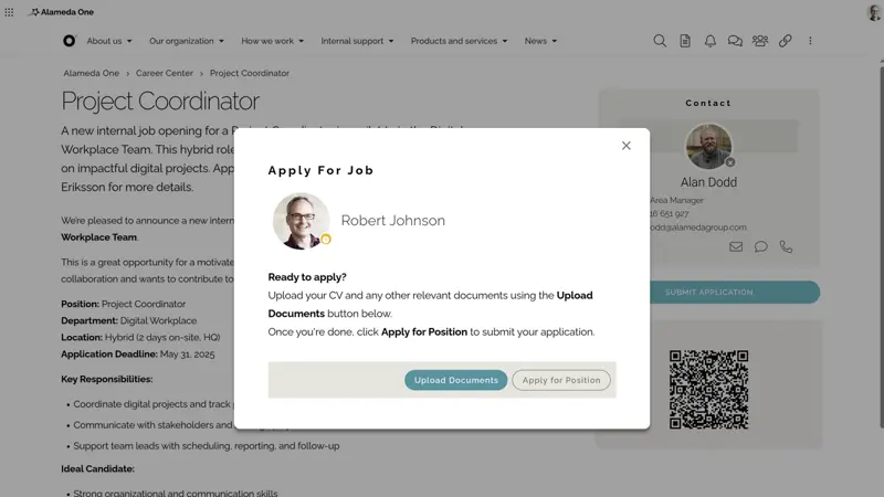 Intranet job application form where employees can submit resumes and apply for internal job openings.