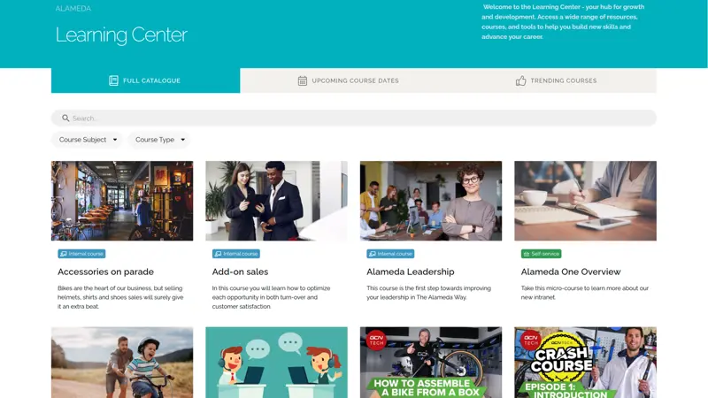 Intranet learning center enabling future workforce skills development through courses, videos, and learning paths