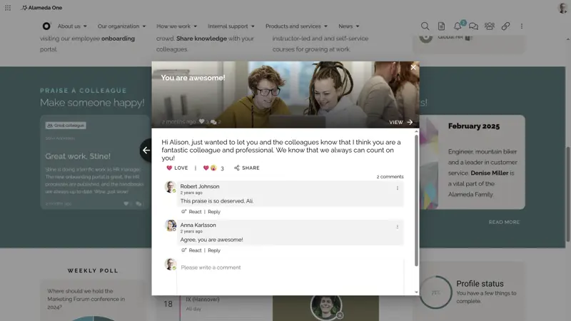 SharePoint Intranet Example: Employee recognition feed showcasing praise posts and team achievements.