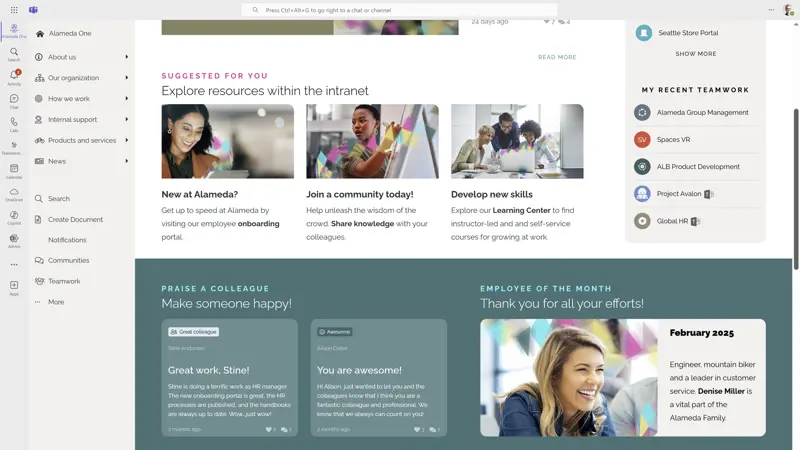 SharePoint Intranet Example: Integrated SharePoint intranet experience running inside Microsoft Teams interface.