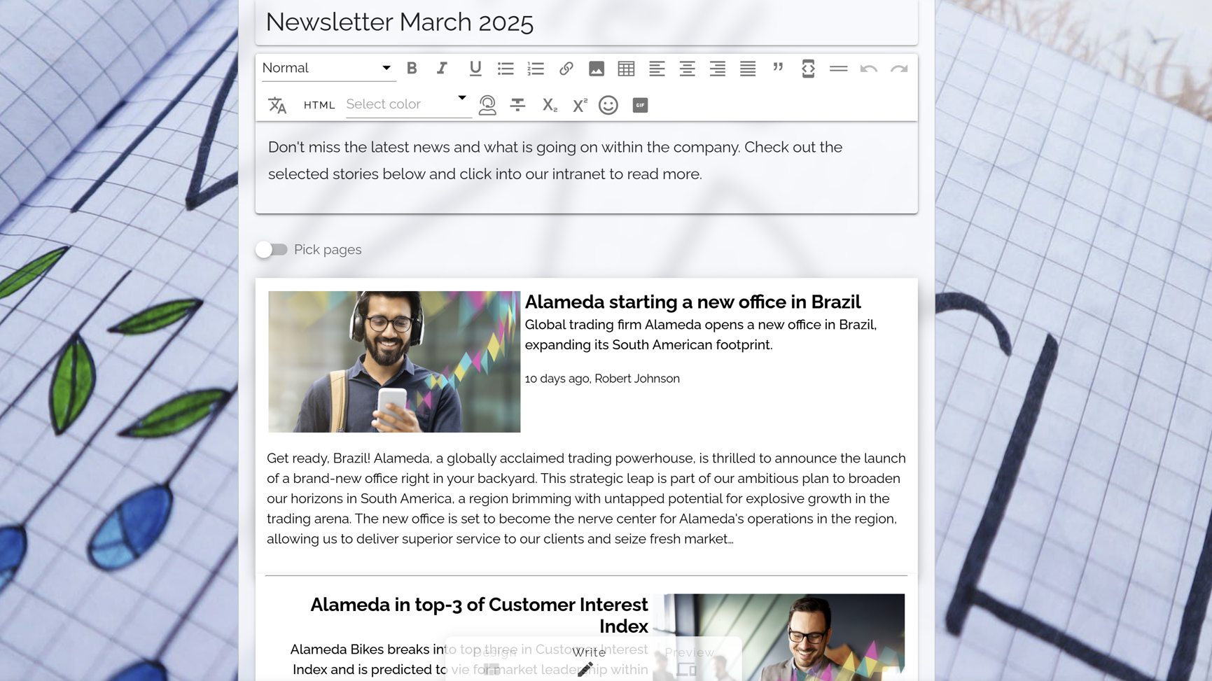Intranet communication example illustrating newsletter creation to extend intranet communication beyond regular users. Intranet communication example illustrating newsletter creation to extend intranet communication beyond regular users.