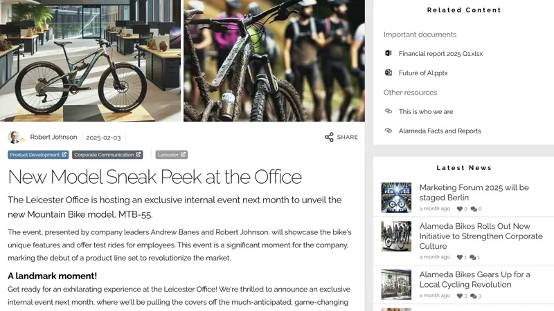 SharePoint intranet example: Targeted intranet communication example filtered by role, department, and location.